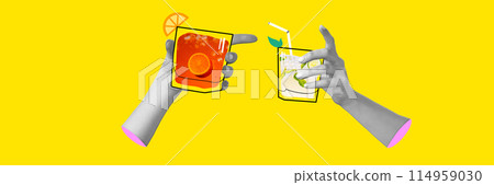 Monochrome hands with colorful glasses of sweet and sour cocktail against bright yellow background. Creative colorful design. 114959030