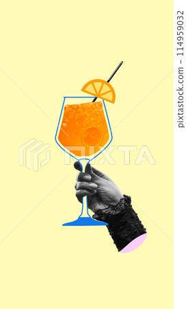 Monochrome female hand with colorful Aperol Spritz cocktail against light yellow background. Creative colorful design. 114959032