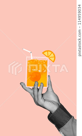 Monochrome hand holding colorful citrus cocktail with oranges. cool lemonade against light peach background. Creative colorful design. 114959034
