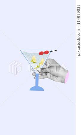 Woman holding glass with martini cocktail against light purple background. Creative colorful design. 114959035