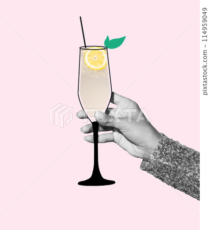 Woman drinking refreshing sweet and sour cocktail or lemonade against light pink background. Creative colorful design. 114959049