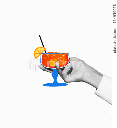 Cheers. Female holding glass with sweet and sour cocktail decorated with orange slice against light background. Creative colorful design. 114959058