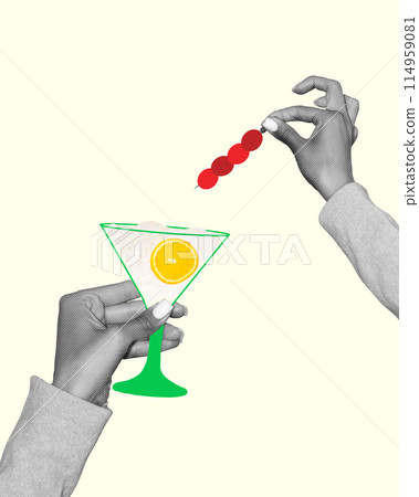 Female hand drinking Martini cocktail with lemon slice and berries against light yellow background. Creative colorful design. 114959081