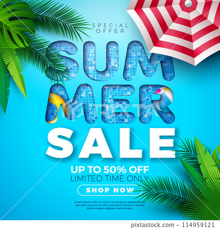 Summer Sale Poster Design Template with Exotic Palm Leaves and Beach Holiday Elements on Pool Background. Tropical Floral Vector Illustration with Special Offer Typography for Coupon, Voucher, Banner 114959121