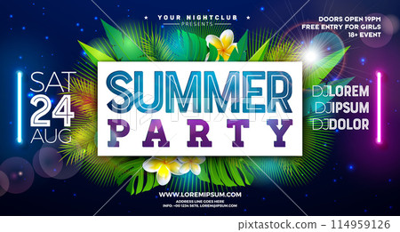 Summer Party Banner Design Template with Glowing Neon Light on Fluorescent Tropic Leaves Background. Vector Summer Celebration Holiday Illustration for Banner, Flyer, Invitation or Celebration Poster. Summer Party Banner Design Template with Glowing Neon Light on Fluorescent Tropic Leaves Background. Vector Summer Celebration Holiday Illustration for Banner, Flyer, Invitation or Celebration Poster. 114959126
