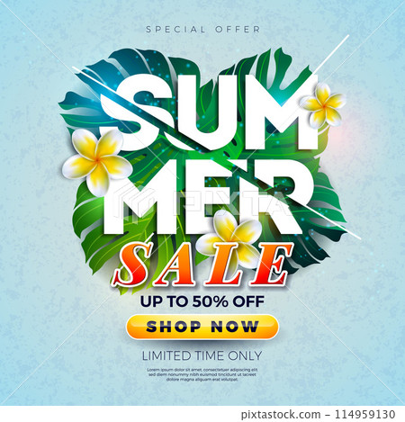 Summer Sale Design with Flower, Beach Holiday Elements and Exotic Leaves on Blue Background. Tropical Floral Vector Illustration with Special Offer Typography for Coupon, Voucher, Banner, Flyer 114959130