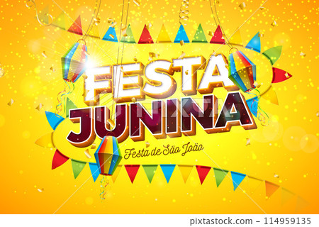 Festa Junina Illustration with Party Flags and 3d Lettering on Yellow Background. Vector Brazil June Traditional Holiday Festival Design for Celebration Banner, Greeting Card, Invitation or Poster Festa Junina Illustration with Party Flags and 3d Lettering on Yellow Background. Vector Brazil June Traditional Holiday Festival Design for Celebration Banner, Greeting Card, Invitation or Poster 114959135