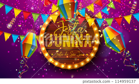Festa Junina Illustration with Party Flags, Paper Lantern and Light Bulb Billboard Letter with Wood Background. Vector Brazil Sao Joao June Festival Design for Greeting Card, Banner or Holiday Poster. Festa Junina Illustration with Party Flags, Paper Lantern and Light Bulb Billboard Letter with Wood Background. Vector Brazil Sao Joao June Festival Design for Greeting Card, Banner or Holiday Poster. 114959137
