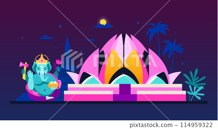 Lotus Temple and Ganesha - modern colored vector illustration Lotus Temple and Ganesha - modern colored vector illustration 114959322