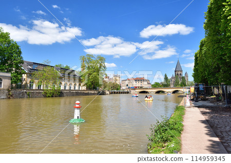 Metz, France. Temple Neuf seen from the Moselle river on May 9, 2024. Metz, France. Temple Neuf seen from the Moselle river on May 9, 2024. 114959345