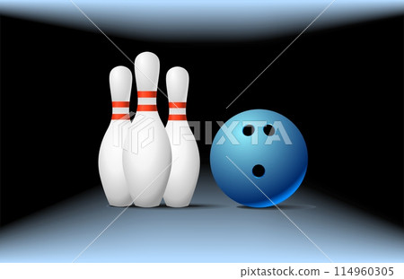 Bowling ball game with three pins. Illustration of bowling on white background. stock illustration 114960305