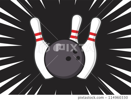 Bowling ball game crashing into the pins. bowling strike isolated on black background Bowling ball game crashing into the pins. bowling strike isolated on black background 114960330