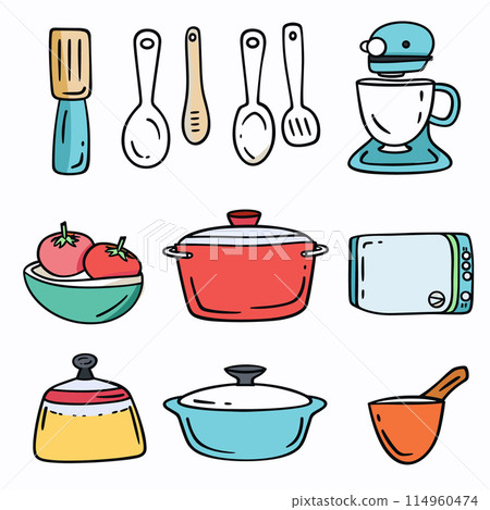 Kitchen utensils appliances doodle, colorful cartoon. Cooking baking tools, handdrawn vector kitchenware set. Microwave, coffee maker, pots, spoons, tomatoes bowl illustration isolated Kitchen utensils appliances doodle, colorful cartoon. Cooking baking tools, handdrawn vector kitchenware set. Microwave, coffee maker, pots, spoons, tomatoes bowl illustration isolated 114960474