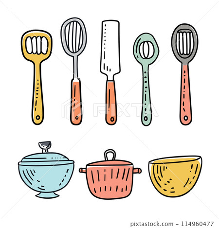 Colorful kitchen utensils illustration, cartoon style cooking tools, kitchenware set, handdrawn spatula, whisk, knife, spoon, bowl, pot, saucepan, colorful handles cooking equipment kitchen Colorful kitchen utensils illustration, cartoon style cooking tools, kitchenware set, handdrawn spatula, whisk, knife, spoon, bowl, pot, saucepan, colorful handles cooking equipment kitchen 114960477