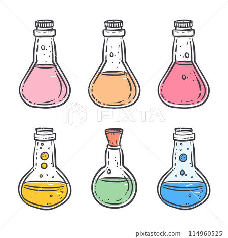 Six colorful potion bottles, handdrawn chemistry flasks doodled illustration. Magic potions set, cartoon laboratory vials pink, orange, yellow, green, blue liquids. Science experiment, alchemy Six colorful potion bottles, handdrawn chemistry flasks doodled illustration. Magic potions set, cartoon laboratory vials pink, orange, yellow, green, blue liquids. Science experiment, alchemy 114960525