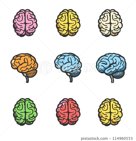Nine colorful brain illustrations representing different psychological creative concepts, brain graphic has unique color, ranging pink dark blue. Outlined human icons suitable educational material Nine colorful brain illustrations representing different psychological creative concepts, brain graphic has unique color, ranging pink dark blue. Outlined human icons suitable educational material 114960553