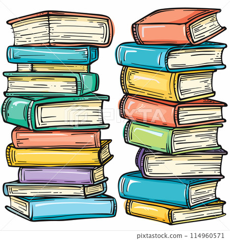 Two stacks colorful books leaning against other. Handdrawn style, vibrant primary secondary colors. Perfect educational themes, book lovers, reading materials 114960571