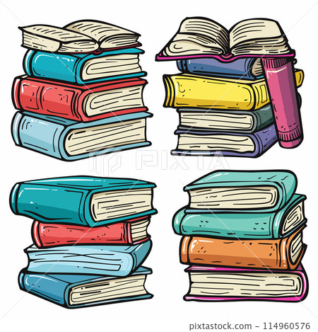 Stacked books drawing colorful cartoon style isolated white background. Four piles hardcover books illustration educational theme vibrant colors. Open book top stack reading concept handdrawn Stacked books drawing colorful cartoon style isolated white background. Four piles hardcover books illustration educational theme vibrant colors. Open book top stack reading concept handdrawn 114960576