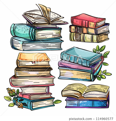 Colorful stacked books illustration, open book, sketch style, reading concept, educational graphics, leaves decoration. Vibrant book piles drawing, handdrawn, literature, knowledge, assorted colors Colorful stacked books illustration, open book, sketch style, reading concept, educational graphics, leaves decoration. Vibrant book piles drawing, handdrawn, literature, knowledge, assorted colors 114960577