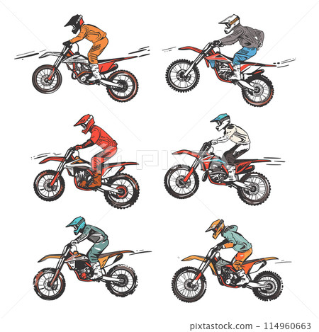 Motocross riders illustrated various dynamic poses riding dirt bikes, offroad motorcycle sport, rider wears protective gear, helmet, outfit motocross racing. Extreme sports action, motorcyclists 114960663
