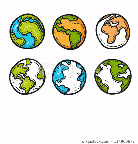 Set cartoonstyle Earth globes showing different continents oceans. Colorful planet Earth illustrations, handdrawn geography icons, various world maps. Six globes feature vibrant representations Set cartoonstyle Earth globes showing different continents oceans. Colorful planet Earth illustrations, handdrawn geography icons, various world maps. Six globes feature vibrant representations 114960672