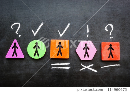 Various figures with chalk marks. Assessing and hiring a new employee. Various figures with chalk marks. Assessing and hiring a new employee. 114960673