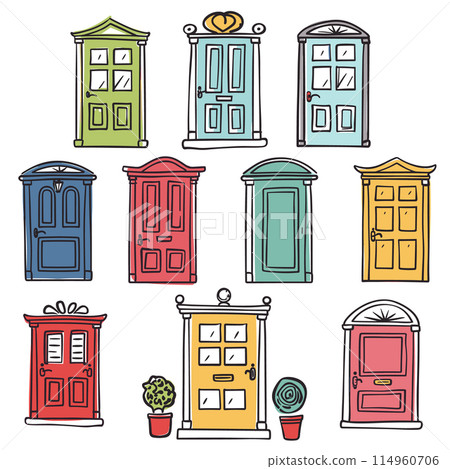 Collection colorful doors various designs cartoon style. Set handdrawn house entrances, urban architecture doodle. Bright front doors, city buildings access points, decorative elements vector 114960706