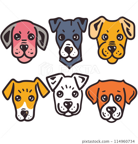 Six cartoon dog faces displayed, varying breeds colors expressions, canine head distinct, showcasing whimsical design, colorful outlines. Cute pet illustrations, ideal childrens books, pet care Six cartoon dog faces displayed, varying breeds colors expressions, canine head distinct, showcasing whimsical design, colorful outlines. Cute pet illustrations, ideal childrens books, pet care 114960734