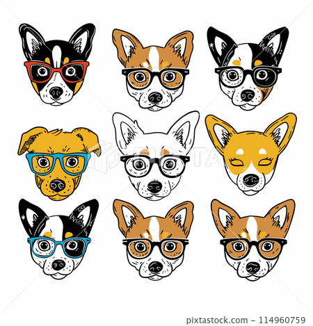 Collection cartoon dogs wearing glasses, various expressions colorful eyewear. Quirky cute dog faces, artistic pet portrait series, hipster style 114960759