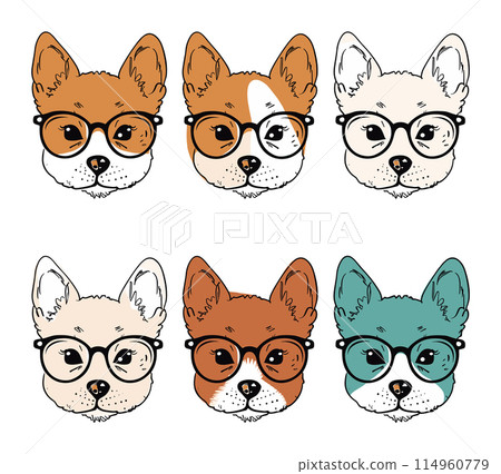 Six cute cartoon dogs wearing glasses, different colors, hipster style. Illustration colorful dog heads eyewear, artistic animal portraits. Graphic design various spectacled dog faces, hip animal Six cute cartoon dogs wearing glasses, different colors, hipster style. Illustration colorful dog heads eyewear, artistic animal portraits. Graphic design various spectacled dog faces, hip animal 114960779