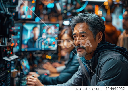 Setup Team: Members Discuss Shooting Details In Front Of Monitors In Close-Up 114960932