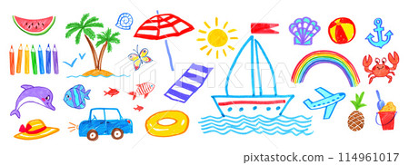 Summer vacation child drawings and doodles set Summer vacation child drawings and doodles set 114961017