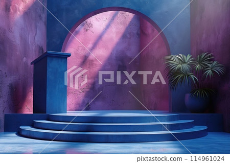 Blue Podium on a Light Stage: An Abstract Platform for Displaying Goods on a Clean Background 114961024