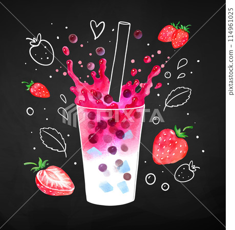 Strawberry Bubble Tea with chalk doodles 114961025