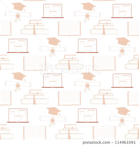 Education seamless pattern. Graduation caps, laptop, books endless background. Learning diploma repeat cover. Master's or Bachelor's degree. Vector hand drawn flat illustration. Education seamless pattern. Graduation caps, laptop, books endless background. Learning diploma repeat cover. Master's or Bachelor's degree. Vector hand drawn flat illustration. 114961091