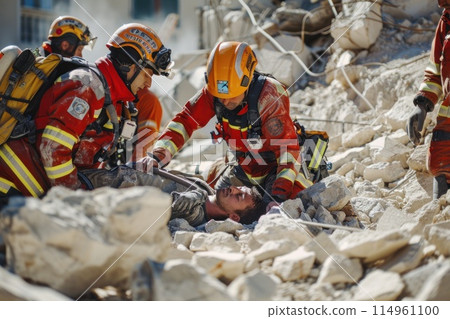 Firefighters assisting a man in rubble with helmet and protective gear 114961100