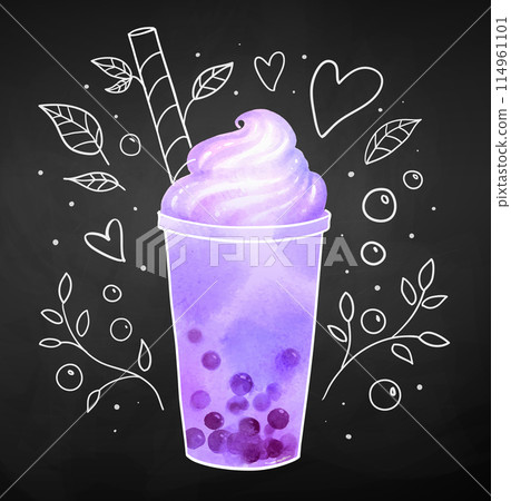 Purple Bubble Tea with chalk drawn doodles 114961101