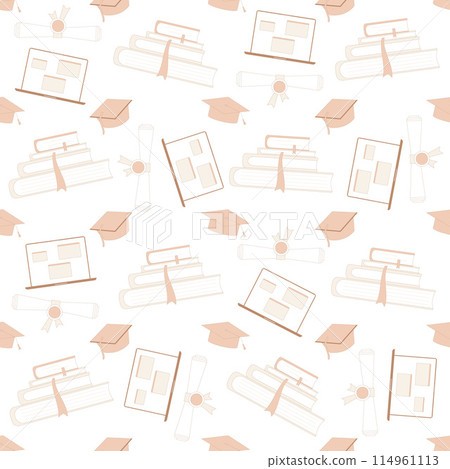 Education seamless pattern. Graduation caps, laptop, books endless background. Vector hand drawn flat illustration. 114961113