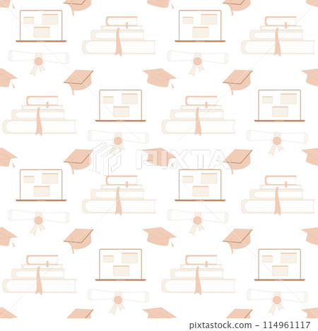 Seamless pattern with graduation caps, diplomas, and book stacks representing education and achievement. Soft pastel orange and white education repeat background. Vector hand drawn flat illustration. Seamless pattern with graduation caps, diplomas, and book stacks representing education and achievement. Soft pastel orange and white education repeat background. Vector hand drawn flat illustration. 114961117