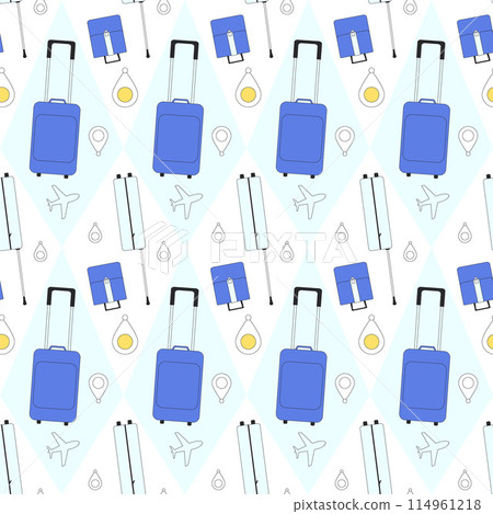 Travel-themed seamless pattern featuring suitcases, location symbols and airplanes in a mix of blue and white background. Trip endless backdrop. Vector outline flat illustration. 114961218