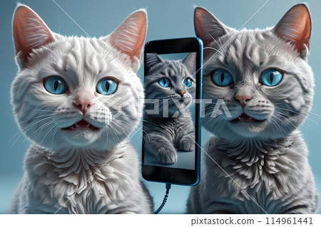 two cute cats with a phone, internet dating concept 114961441