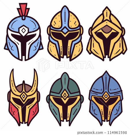 Six stylized warrior helmets design, distinct futuristic knight headgear. Cartoonish style helmets, colorful, fantasy video game assets. Collection medieval scifi protective head equipment, detailed 114961598