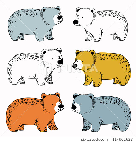 Six cartoon bears illustrated various colors, bear different yet similar. Playful bear illustrations children, cartoon style. Collection bears suitable educational purposes, colorful design 114961628
