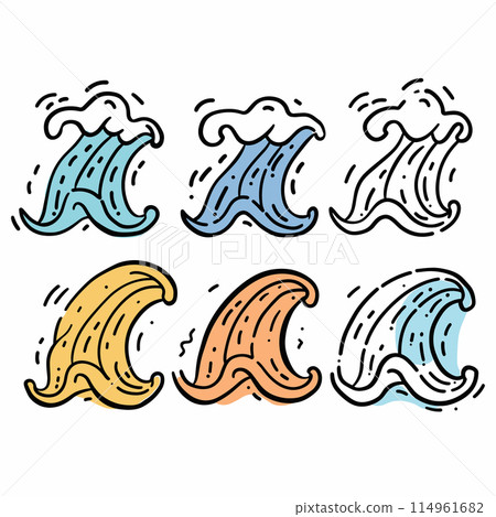 Six cartoon waves handdrawn, different color, simple wave design. Artistic set colorful waves, doodle style, representing sea movement. Vibrant handdrawn wave collection, artistic 114961682