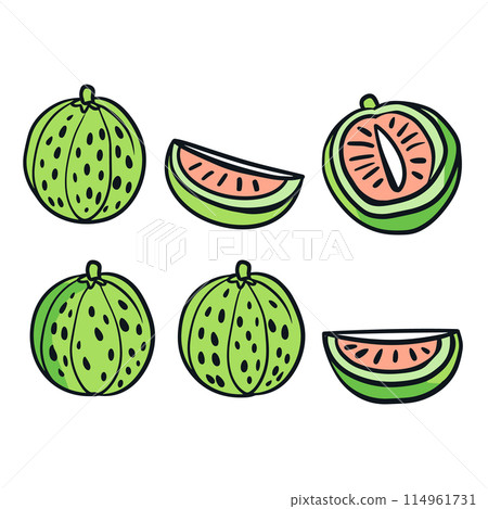 Handdrawn watermelons slices vibrant colors. Two whole watermelons, two watermelon slices, one half watermelon show fresh summer fruit theme. Artistic food drawing isolated white background Handdrawn watermelons slices vibrant colors. Two whole watermelons, two watermelon slices, one half watermelon show fresh summer fruit theme. Artistic food drawing isolated white background 114961731