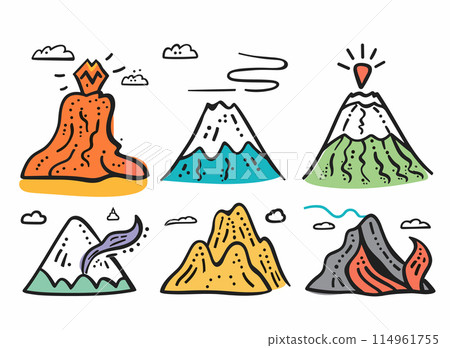 Colorful volcano illustration set featuring various eruption stages. Handdrawn cartoon volcanoes erupting, smoking, dormant. Whimsical volcano doodles ideal educational material 114961755