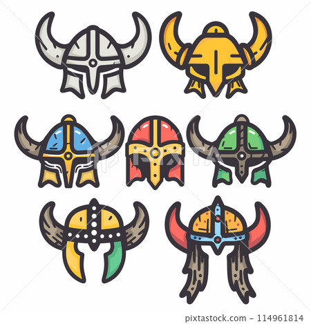 Collection Viking helmets colorful cartoon styles. Norse warrior helmets icons, medieval headgear roleplay, games. Horned Nordic helmets, vibrant colors, historical costume elements Collection Viking helmets colorful cartoon styles. Norse warrior helmets icons, medieval headgear roleplay, games. Horned Nordic helmets, vibrant colors, historical costume elements 114961814