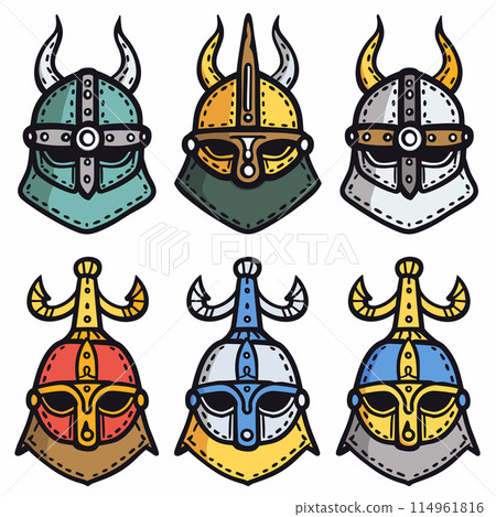 Six Viking helmets colorful cartoon style. Helmets feature classic Norse design horns metallic accents. Graphic suitable historical, cultural, themed content Six Viking helmets colorful cartoon style. Helmets feature classic Norse design horns metallic accents. Graphic suitable historical, cultural, themed content 114961816