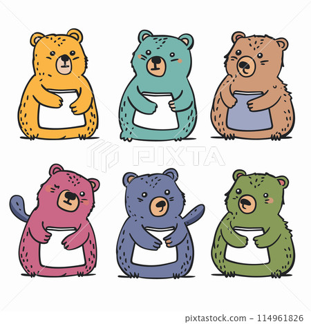 Six cartoon bears different colors holding jars honey. Cute colorful bears illustration, playful cartoon characters honey pots. Childfriendly animal drawings, vibrant doodle style collection Six cartoon bears different colors holding jars honey. Cute colorful bears illustration, playful cartoon characters honey pots. Childfriendly animal drawings, vibrant doodle style collection 114961826
