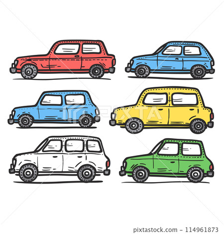 Handdrawn style set compact cars illustrated various colors, reminiscent classic British design. Six vehicles presented red, blue, yellow, green, profile view shown. Cartoonlike representation Handdrawn style set compact cars illustrated various colors, reminiscent classic British design. Six vehicles presented red, blue, yellow, green, profile view shown. Cartoonlike representation 114961873